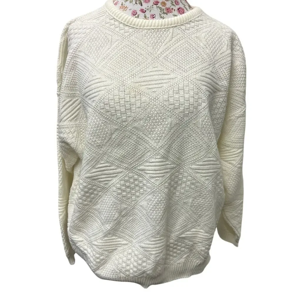 🤍 Adele Knitwear Vintage Women M Cream Textured Sweater – Made in USA - Picture 1 of 4